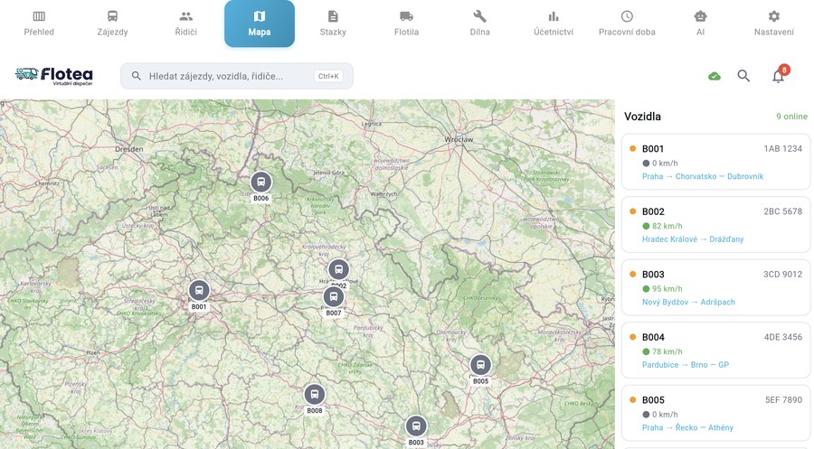 GPS mapa vozidel